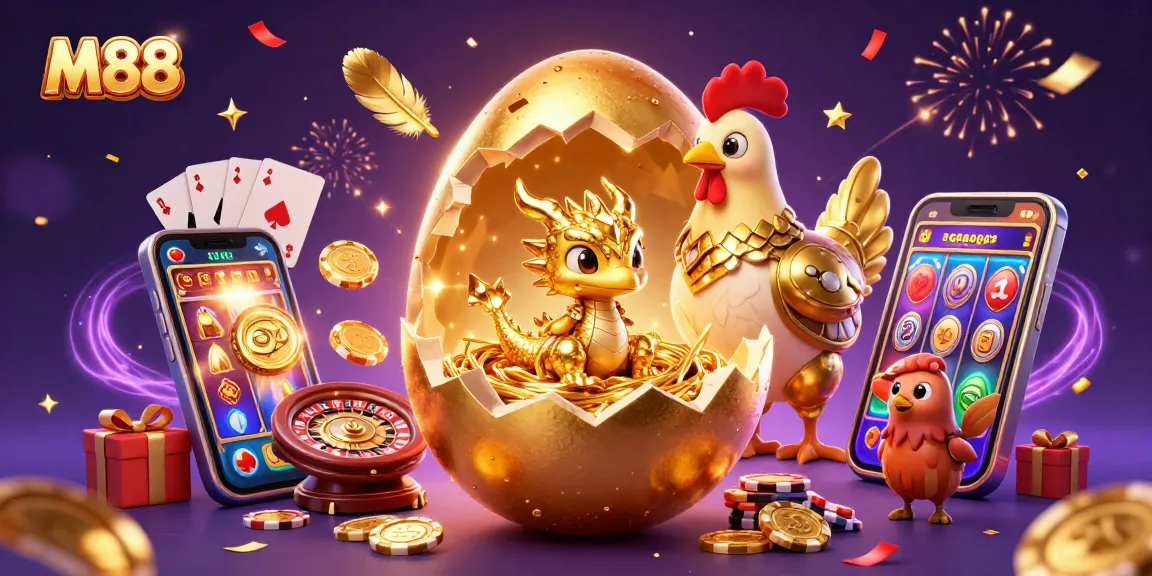 M88 features an epic scene with a golden baby dragon on poker chips amidst gaming excitement.
