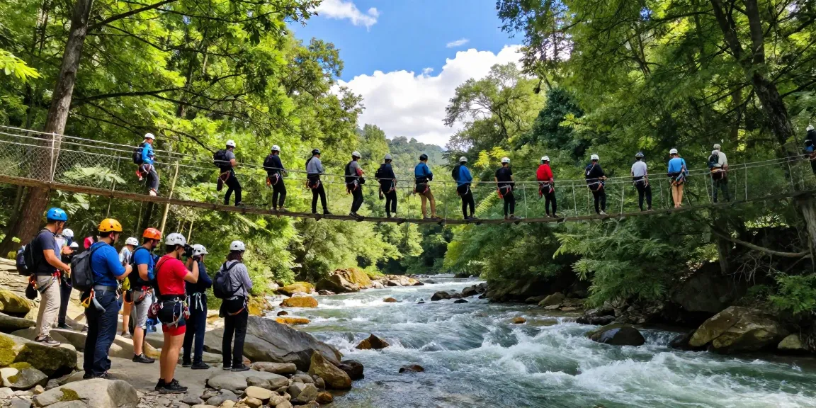 Adventure seekers crossing a River Rope Bridge, surrounded by lush trees and blue skies, showcasing outdoor excitement.