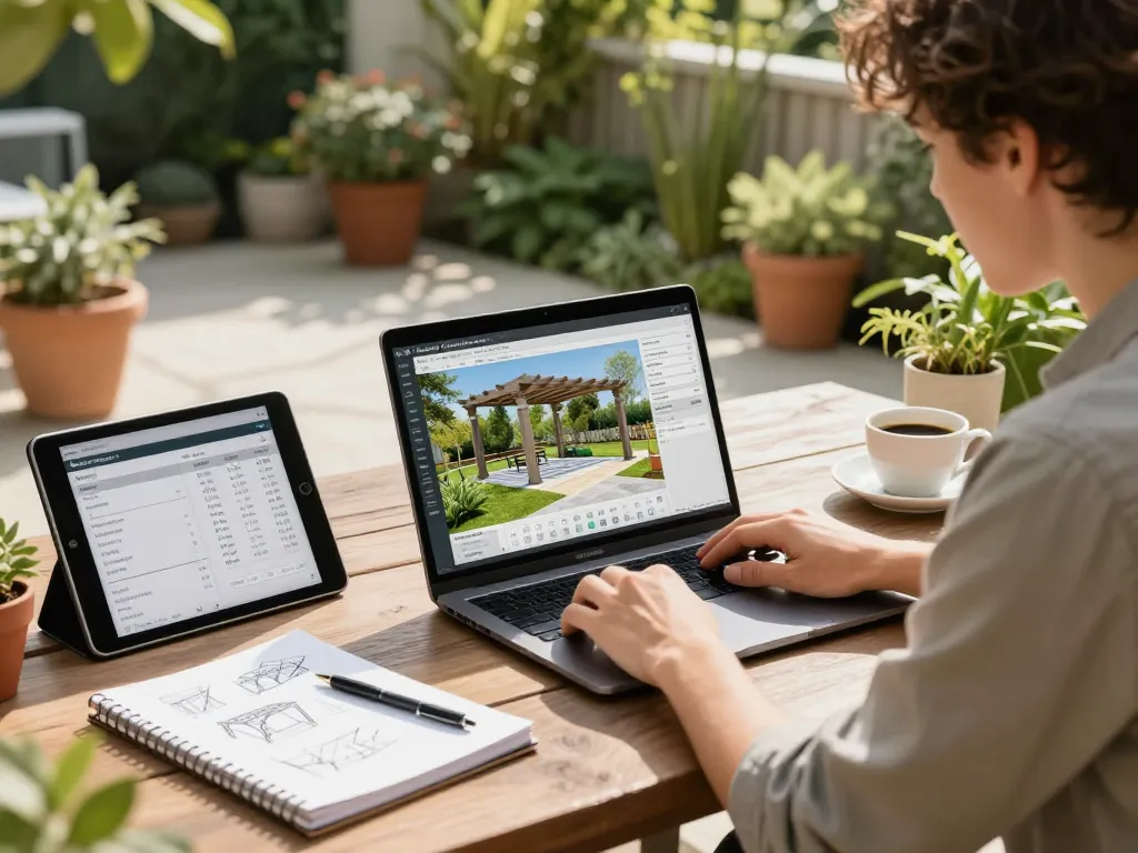 Designer using Pergola Configurator Software outdoors, showcasing 3D models in a garden setting.