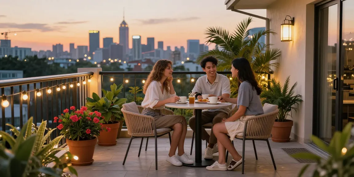 Inviting balcony patio furniture setup with a couple enjoying coffee at sunset.