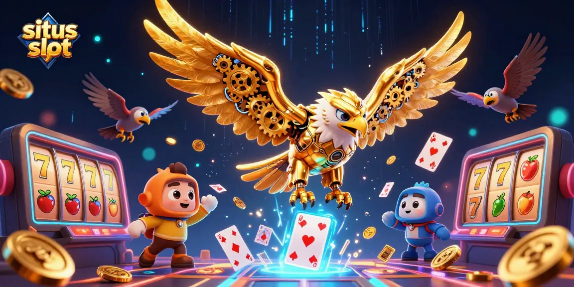 Experience situs slot with a vibrant 3D illustration of a cybernetic eagle amidst dynamic casino elements.