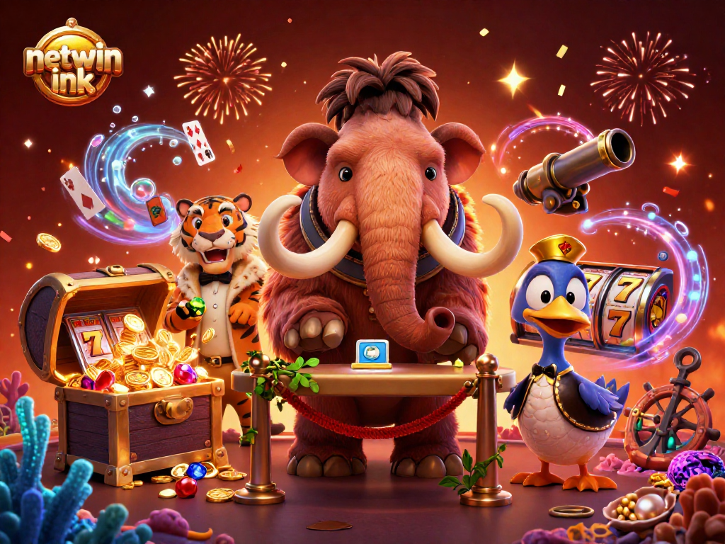 Experience the vibrant world of netwin ink with its engaging 3D casino scene featuring dynamic characters and elements.