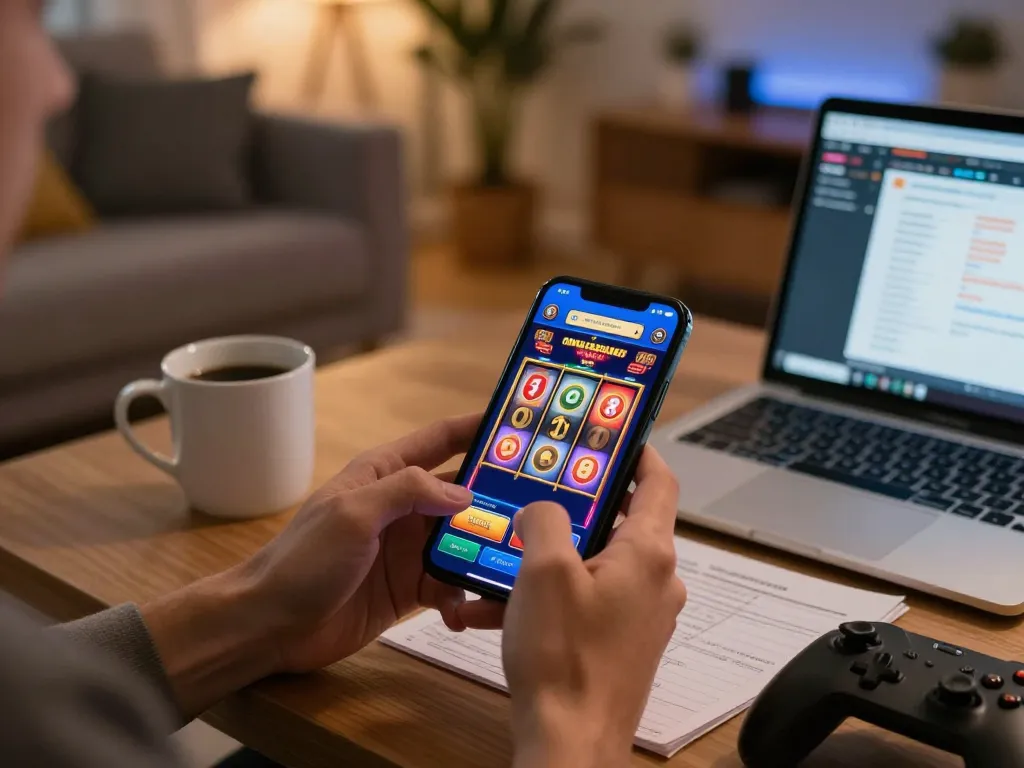 Player enjoying slot depo 3k on mobile, with vibrant game display and cozy setup.