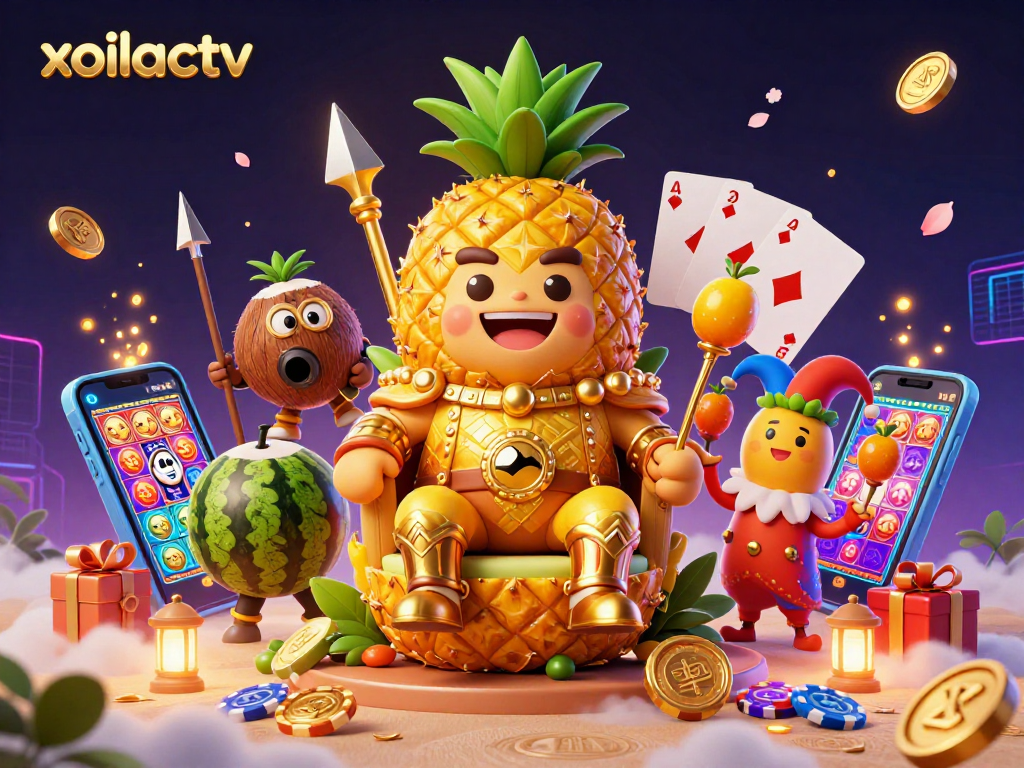 xoilactv showcases an engaging 3D casino scene with a golden pineapple king and vibrant gaming elements.