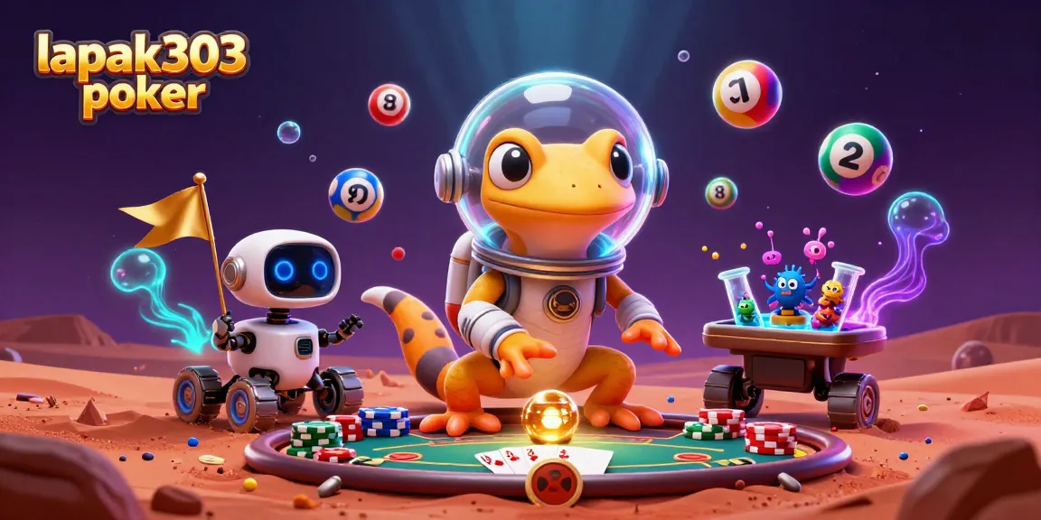 Gambarkan aksi lapak303 poker dengan karakter gecko Martian dan elemen kasino.