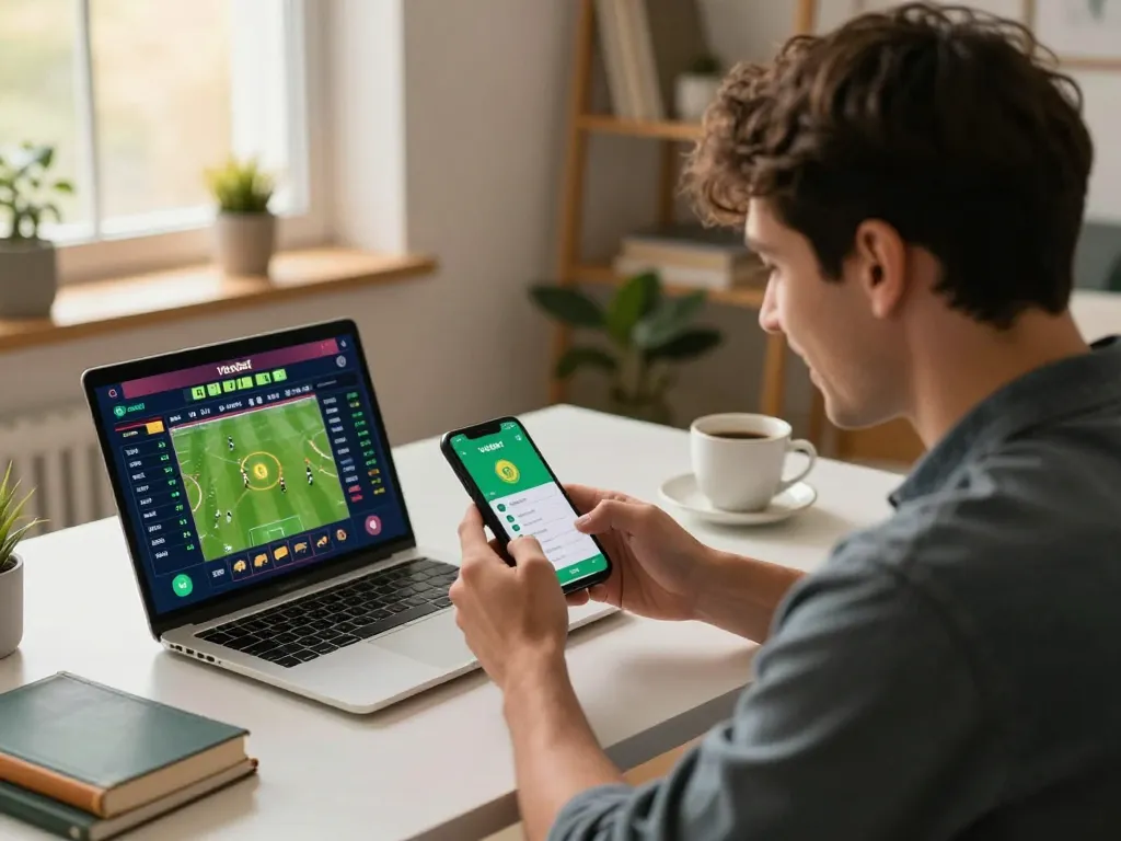 Engaged player using the vaobet app for mobile sports betting in a contemporary home office.