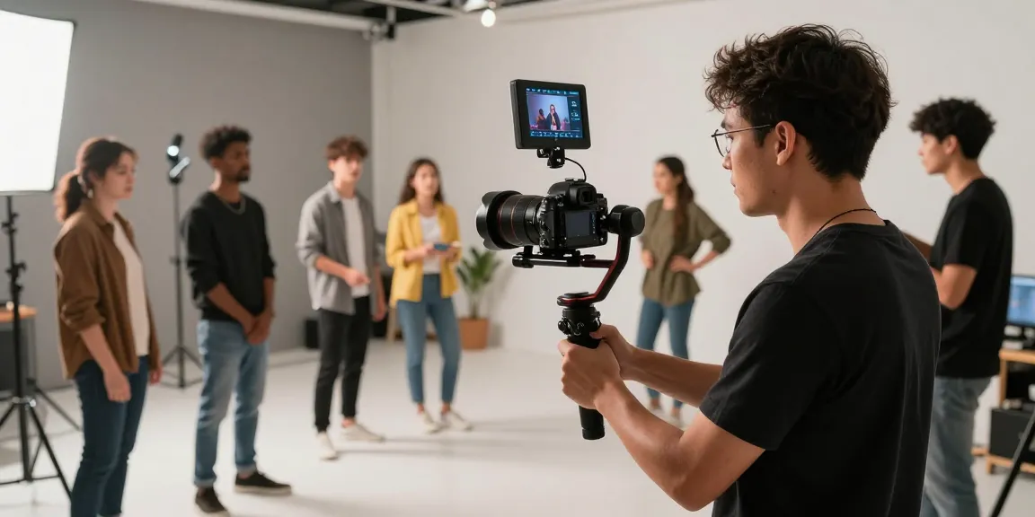 Videography services in Sg showcased in a professional studio scene with a videographer directing a film shoot.