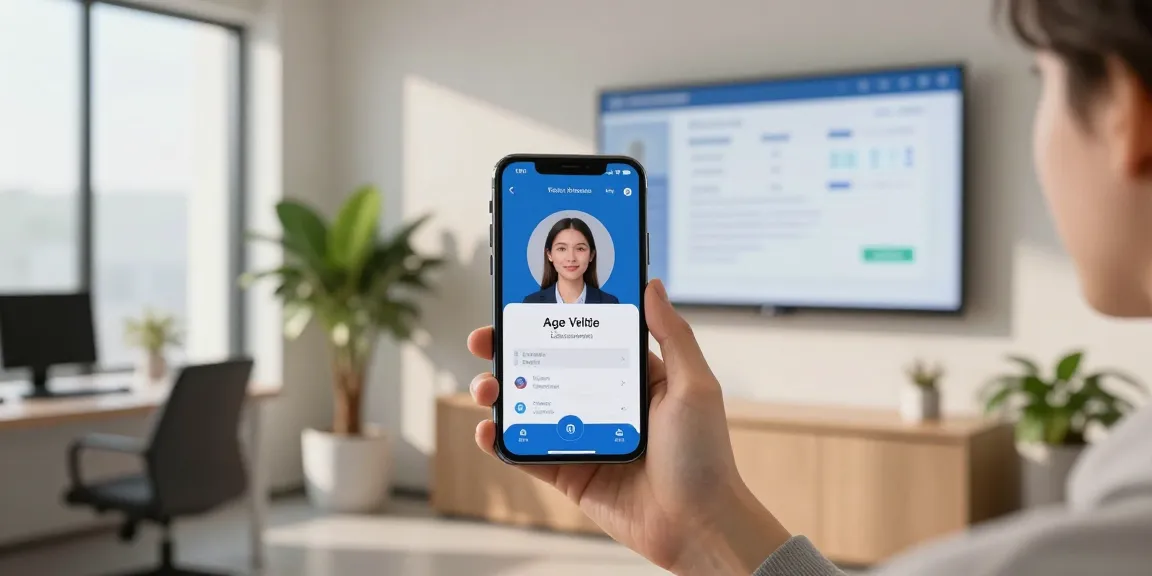 Live selfie being taken for an age verification system in a modern office setup.