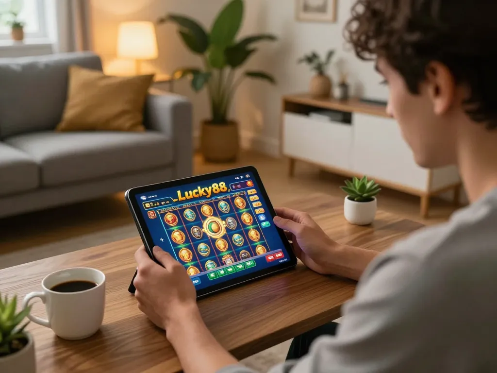 Engaging with the lucky88 slot game on a tablet in a cozy home setting, illustrating responsible gaming.