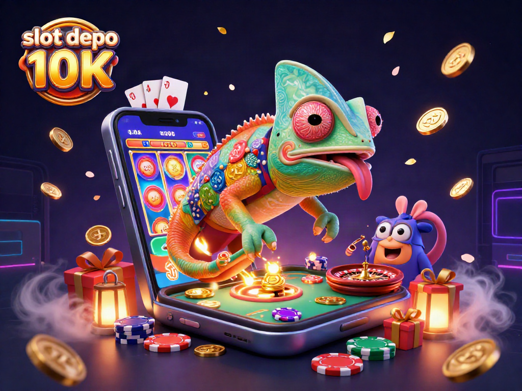 Engage with the slot depo 10K chameleon casino owner amidst vibrant games and golden coins.