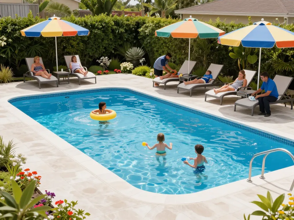 Dolphin Pool Services team maintaining a family pool while children play, showcasing quality service in Virginia.
