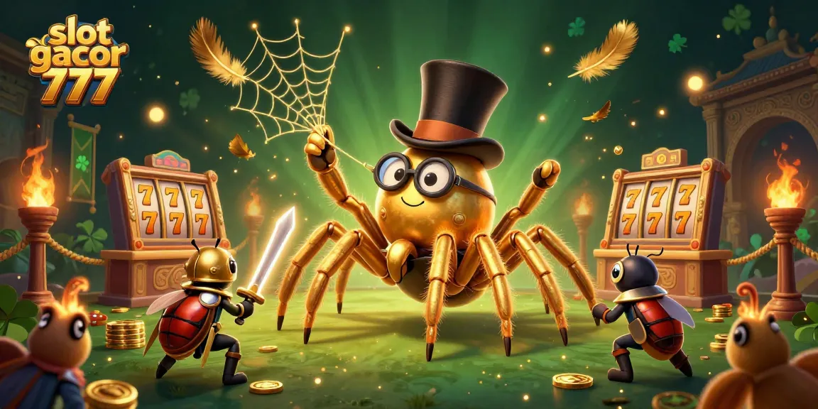 Experience the thrill of slot gacor 777 with a captivating scene of a golden tarantula and a brave knight.