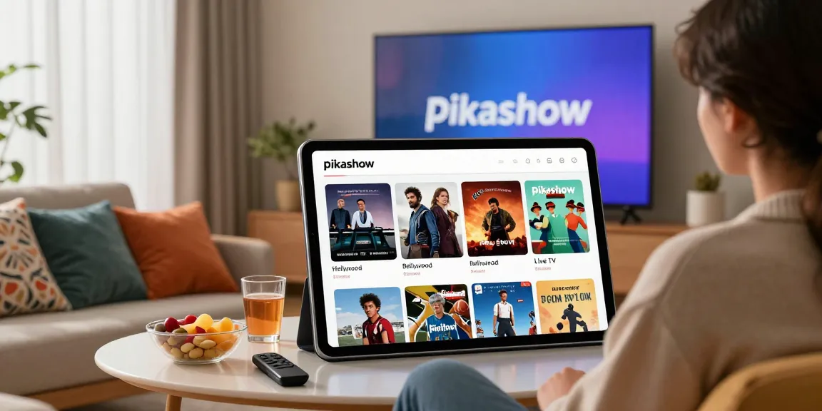 Pikashow streaming app interface displayed on tablet in a cozy living room setting