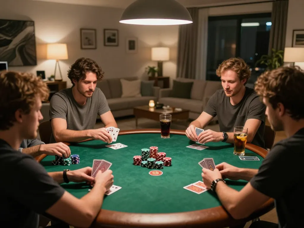 O8 players strategizing at an exciting home poker night, skillfully managing their chips and cards in a cozy atmosphere