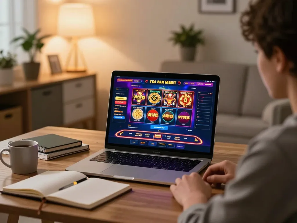 Player strategizing online games at jun88bet with vibrant casino interface on laptop.