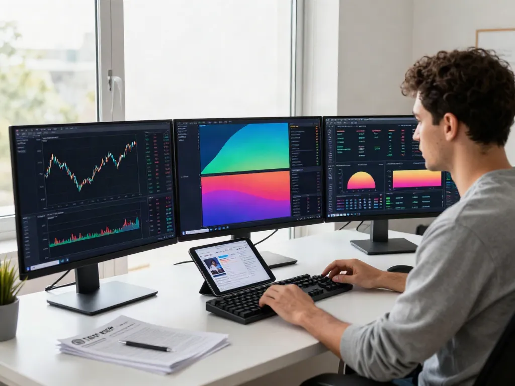 Trader analyzing TradingView charts in a modern home office setup.
