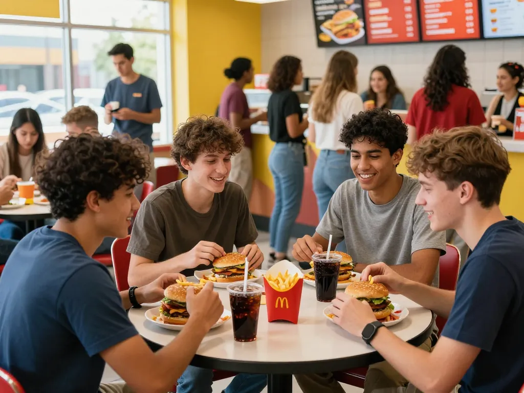 Friends enjoying various meals while discussing fast food prices at a lively restaurant.