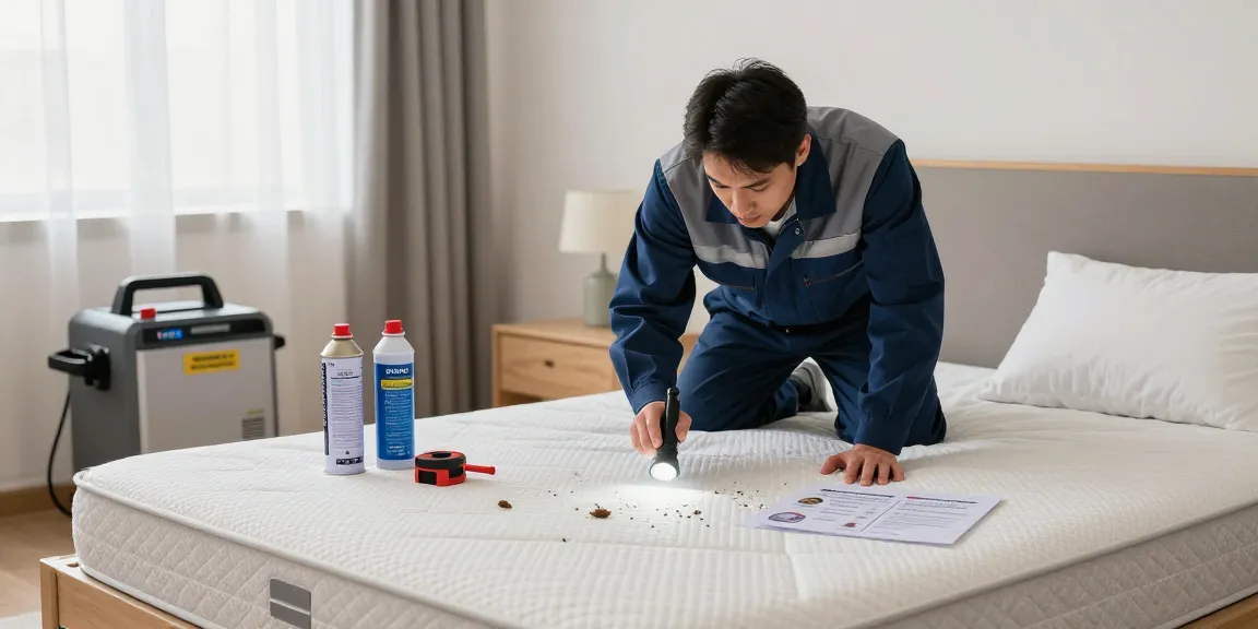 Technician performing bed bug pest control inspection in a clean bedroom.