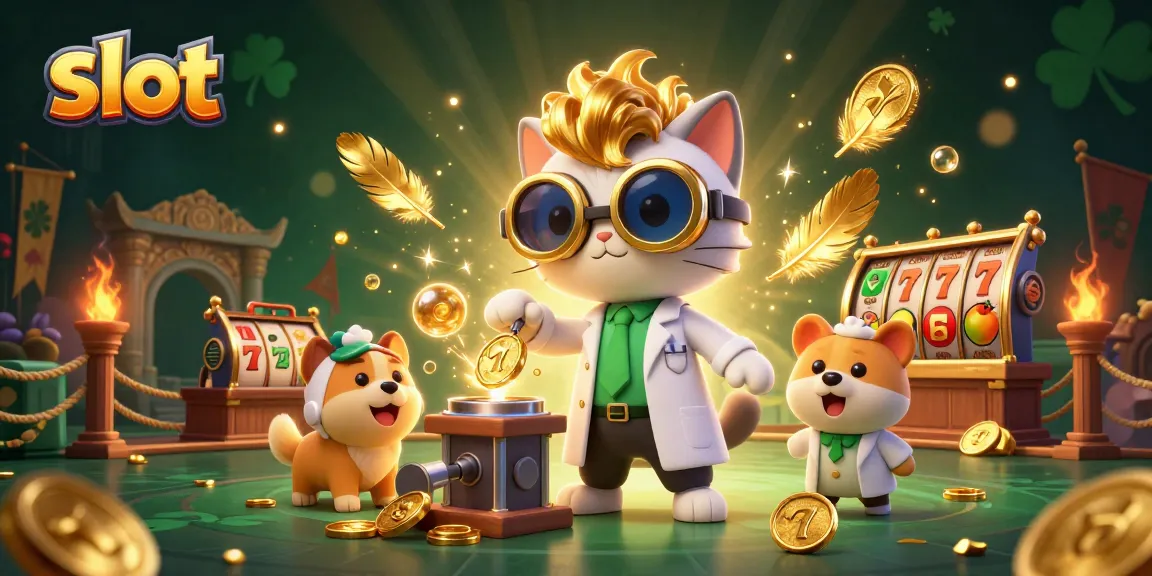 Slot online gacor dengan ilmuwan kucing dan anjing asisten di laboratorium, menghasilkan koin emas.