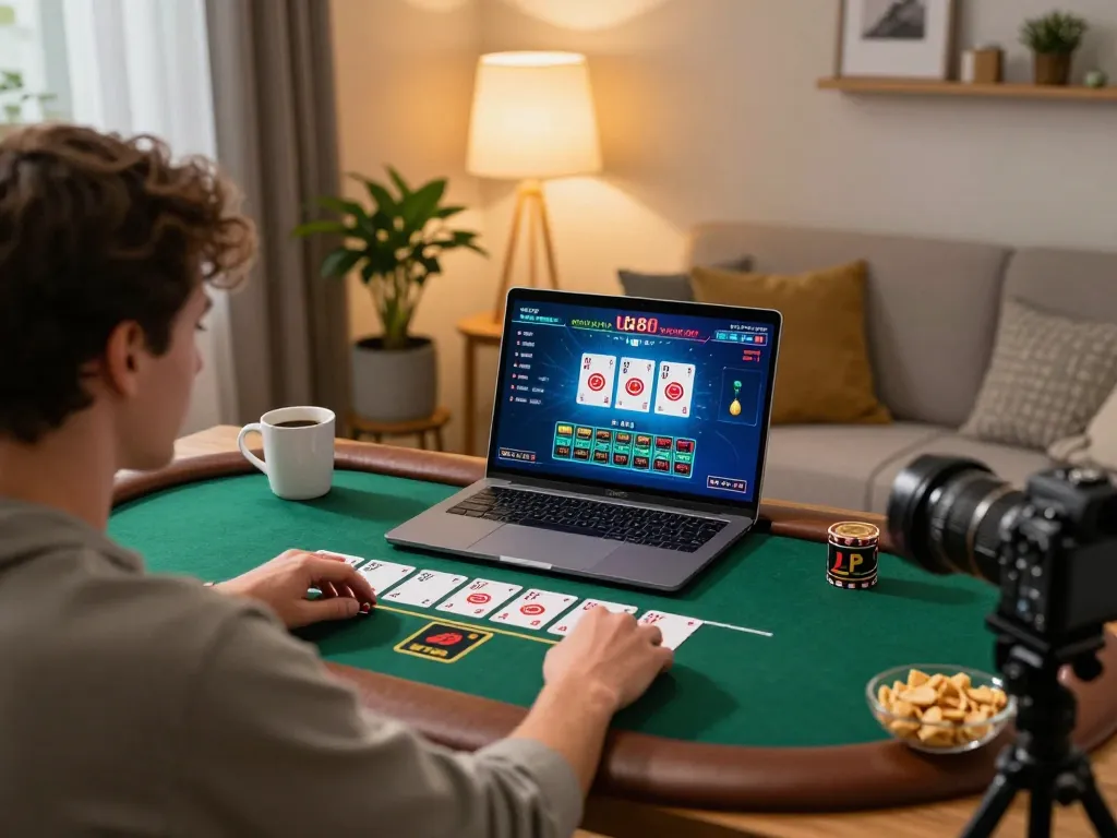 Player engaging with live dealer poker on lc88 at a cozy home setup, snacks and drinks visible.