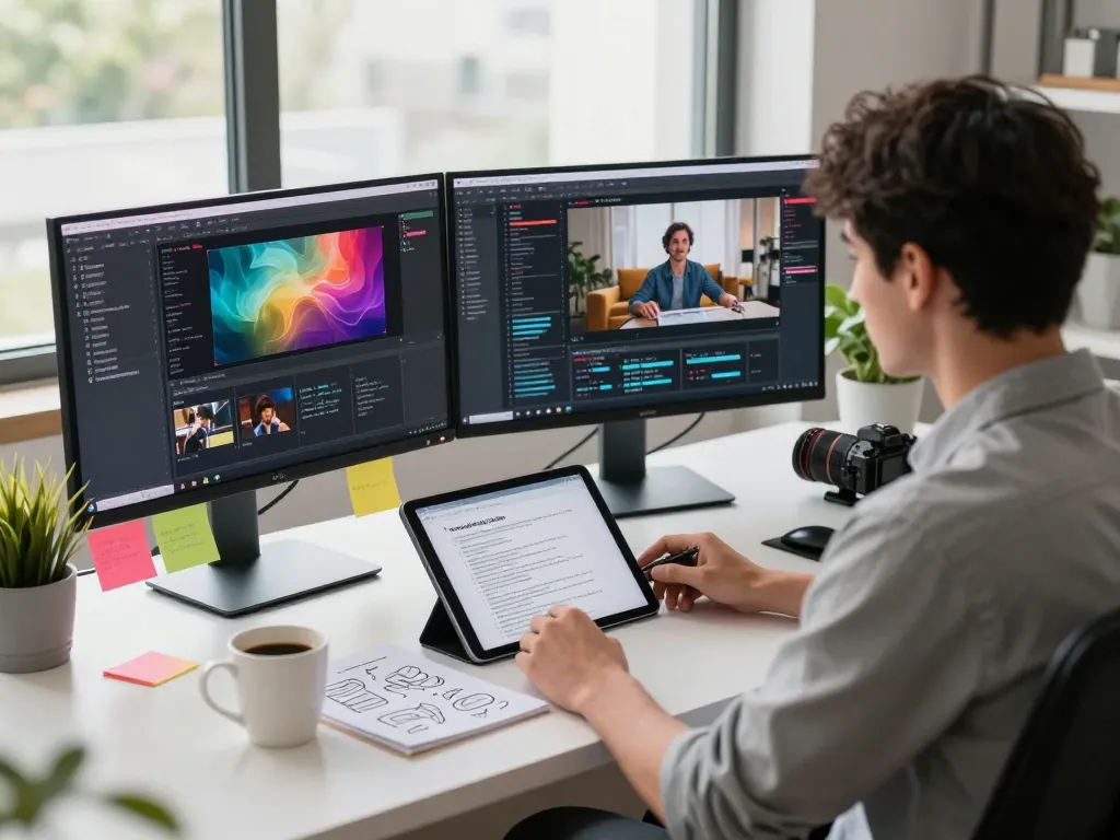 Dynamic developer using a video to promptgenerator in a modern workspace, creating AI-driven video prompts with vibrant visuals.