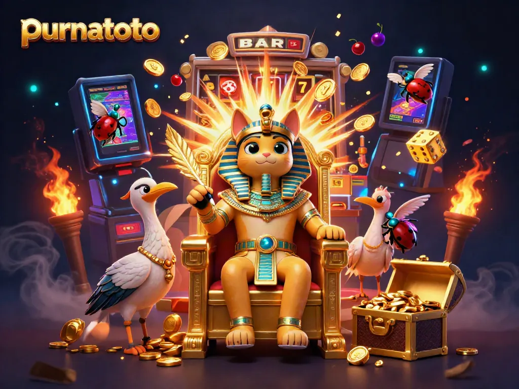 Slot gacor purnatoto menampilkan kucing firaun 3D dan mesin slot mewah penuh koin bertaburan.