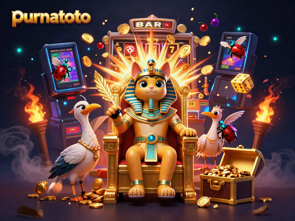 Slot gacor purnatoto menampilkan kucing firaun 3D dan mesin slot mewah penuh koin bertaburan.