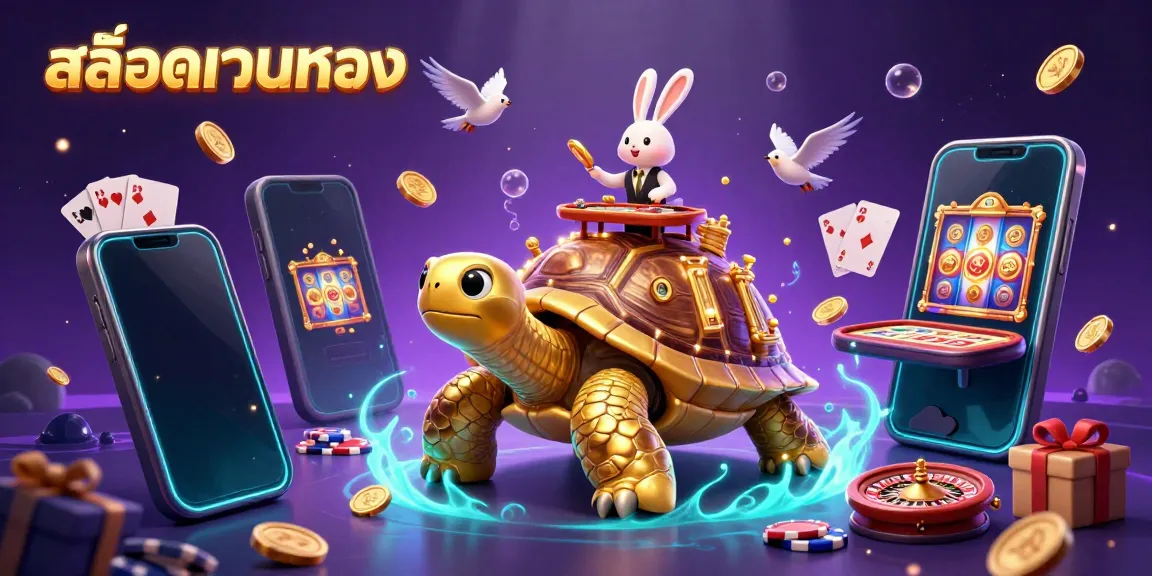 Engage in vibrant สล็อตเว็บตรง gaming with a golden tortoise casino scene featuring a rabbit dealer and slot games.