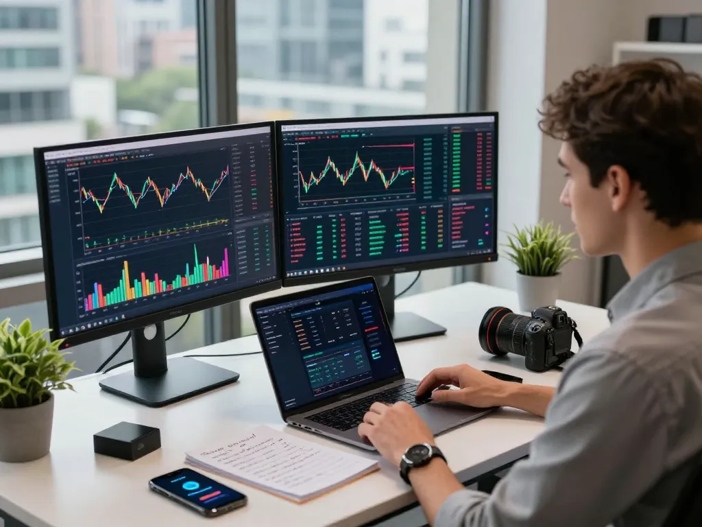 Crypto trader analyzing automated crypto income strategies in a modern workspace with multiple screens.