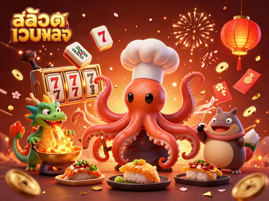 Experience thrilling สล็อตเว็บตรง gameplay with a cartoon sushi chef and lucky dragon in a festive casino scene.