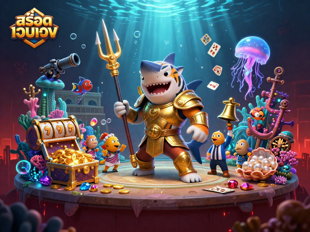 Experience the thrill of สล็อตเว็บตรง with dynamic underwater casino fun featuring a tiger shark.