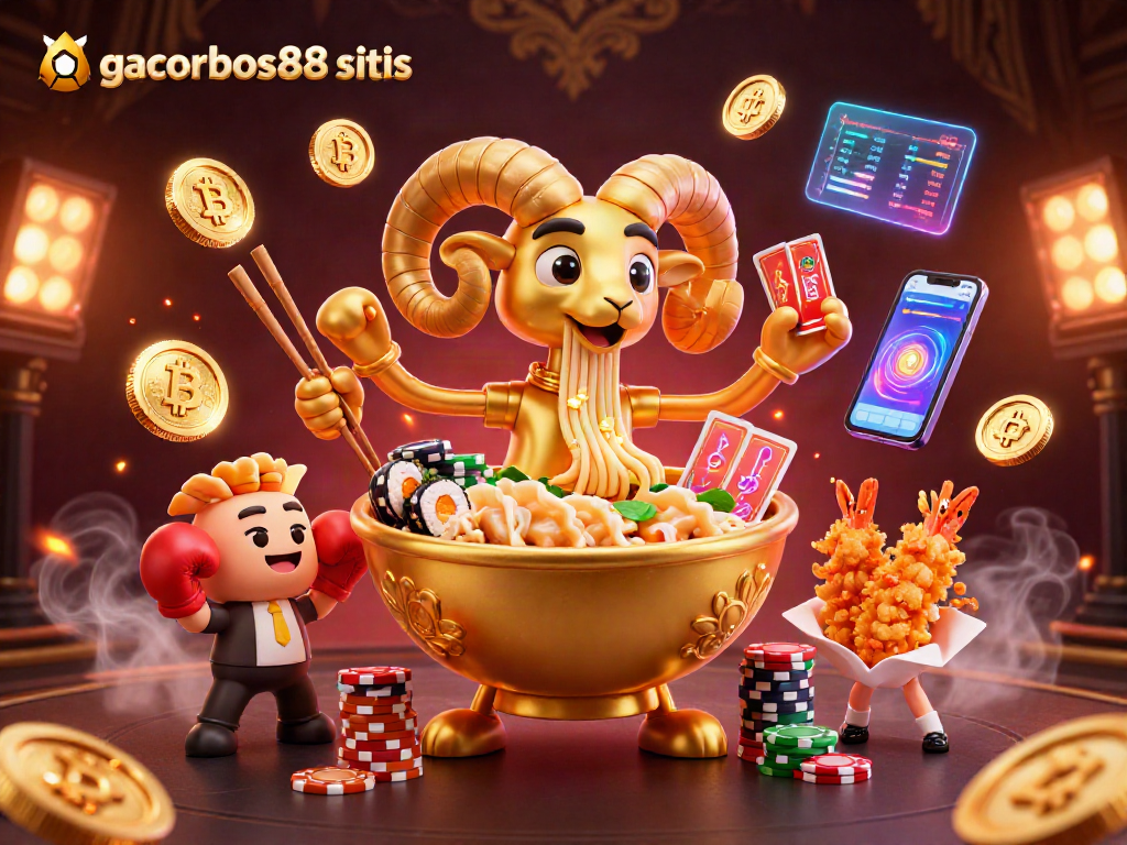 Engage with gacorbos88 situs as a dynamic casino scene showcases vibrant characters and crypto elements.
