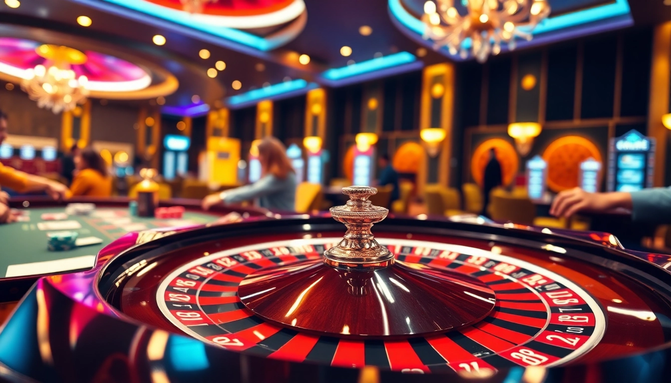 Permainan kasino bbni4d dengan meja roulette berwarna cerah dan pemain yang bersemangat.