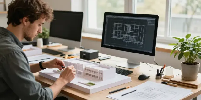Architektur Modellbau Hannover: Präziser Modellbauer bei der Erstellung eines detaillierten Architekturmodells in einem gut beleuchteten Atelier.