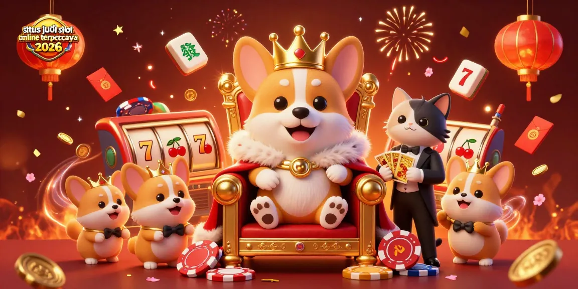 Gambarkan situs judi slot online terpercaya 2026 dengan corgi kerajaan bermain kartu di tengah kasino, dipenuhi simbol keberuntungan.