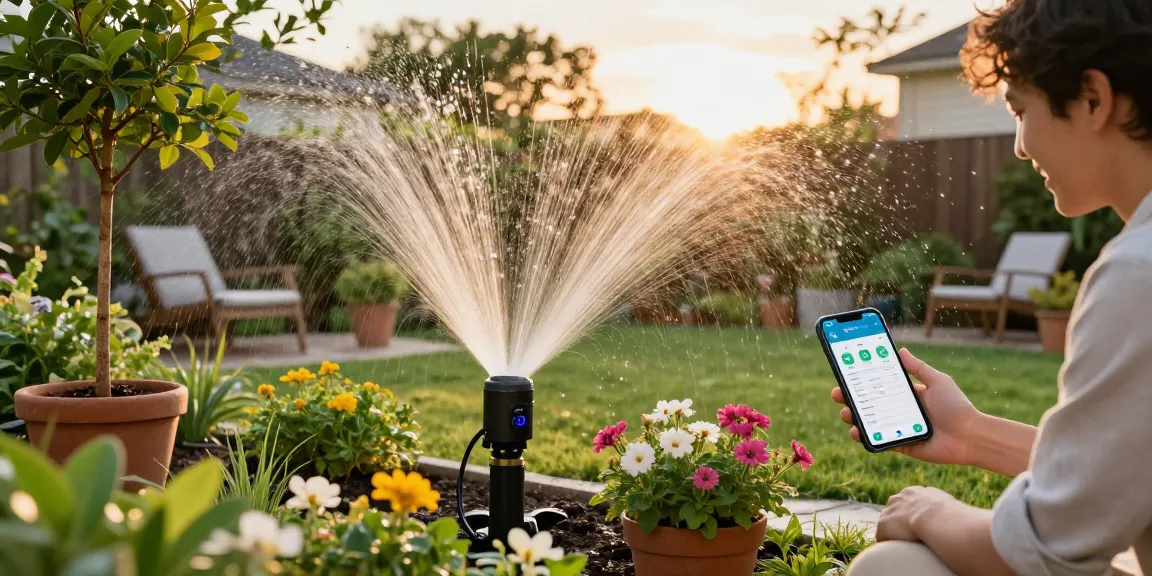 Efficient rainpoint sprinkler timer in action, watering blooming garden flowers and trees under warm sunset light.