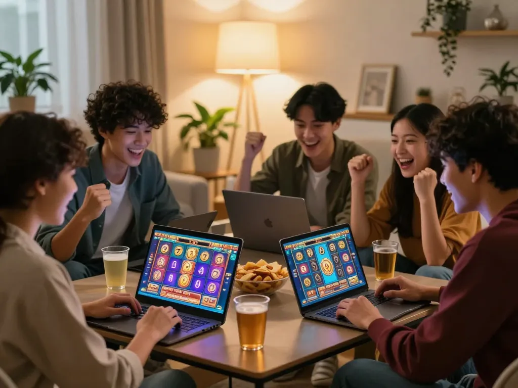 Friends celebrating big wins while playing slot77 online games together in a cozy living room.