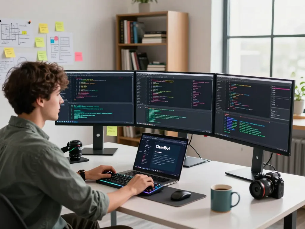 Developer using ClawdBot AI in a modern workspace with multiple screens and coding tools
