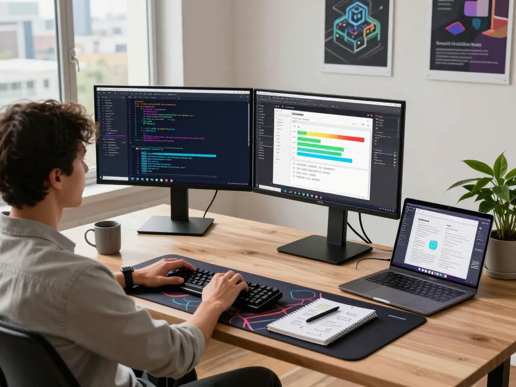 Moltbot AI software development workspace with vibrant coding displays and modern design tools.