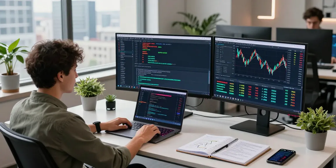 Dynamic trading workspace with developer analyzing spot gold real-time API data across multiple monitors and charts.