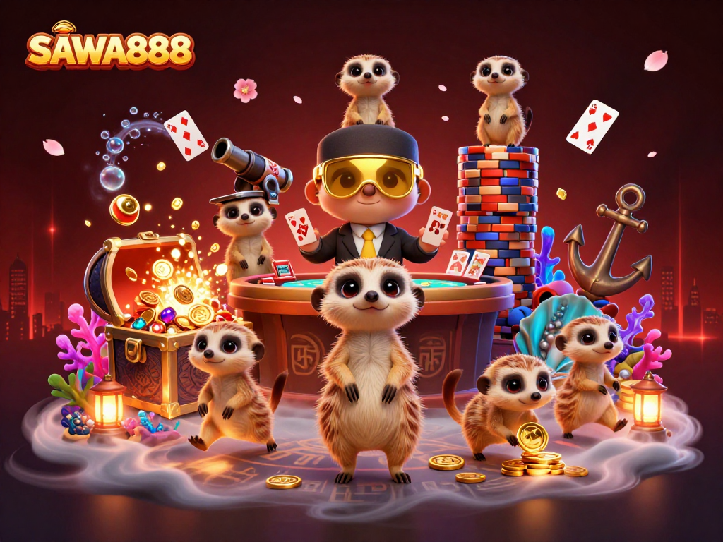 SAWA888 meerkats operating a vibrant casino with dynamic game elements and an inviting atmosphere