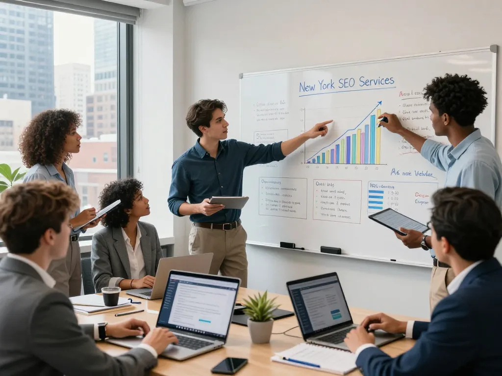 SEO specialists strategizing New York SEO Services in a collaborative office.