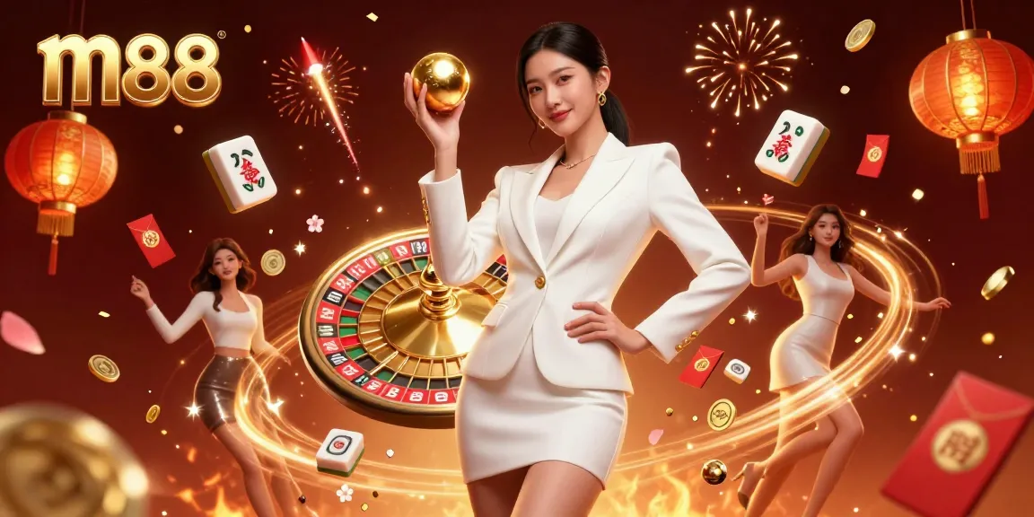 Win big at m88, featuring stunning casino elements and a glamorous Asian woman in a high-fashion pose.