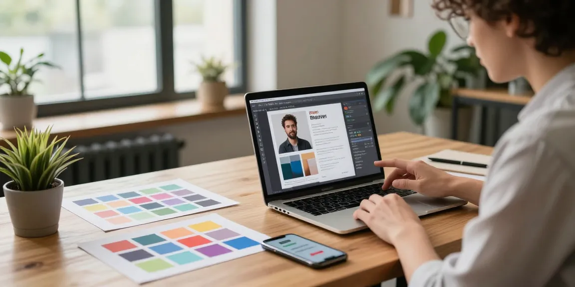Strength up your portfolio. with a professional contractor reviewing their online profile in a modern co-working space.