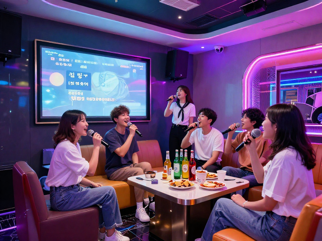 강남 달토 가라오케에서 친구들과 함께 즐거운 노래를 부르는 모습.