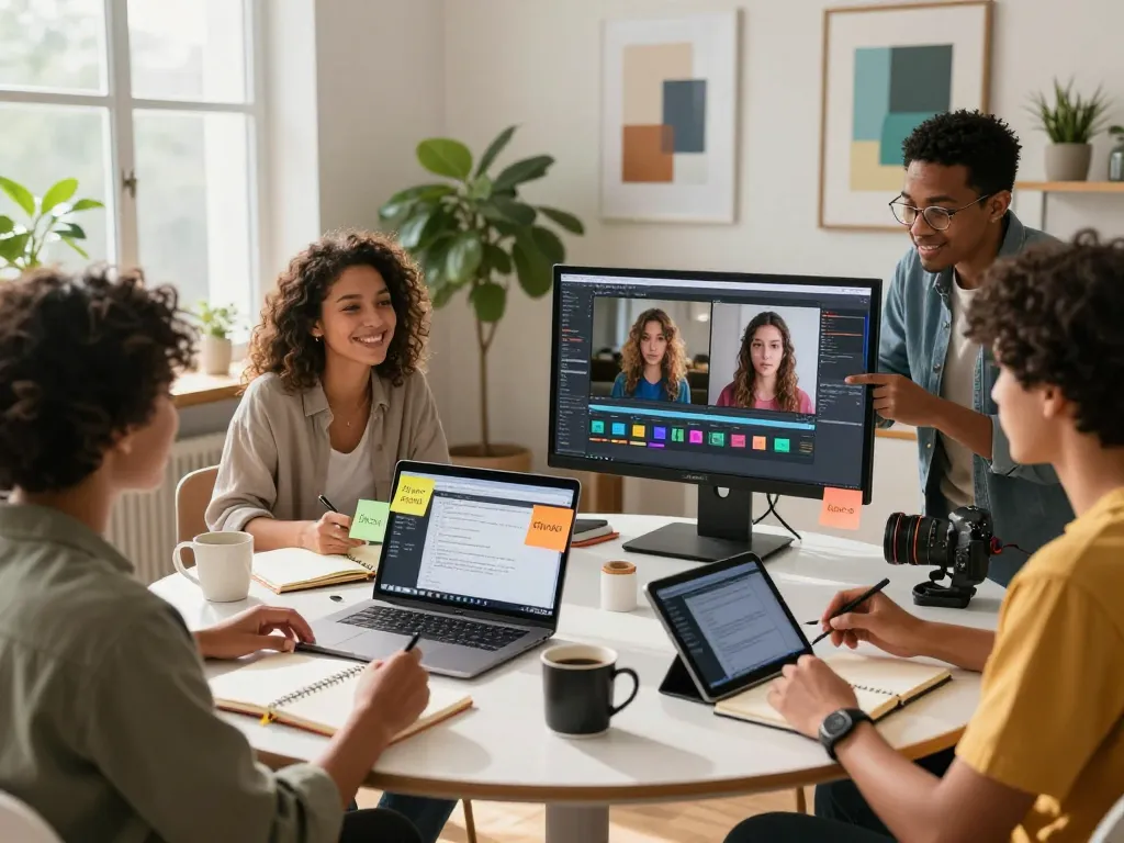 Team of creators at a modern workspace analyzing video to prompt generation, collaborative and inspiring atmosphere.