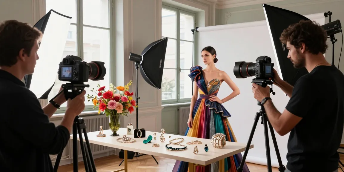 Fotografo Commerciale Milano en action, séance photo mode dans un studio élégant avec un modèle et des bijoux.