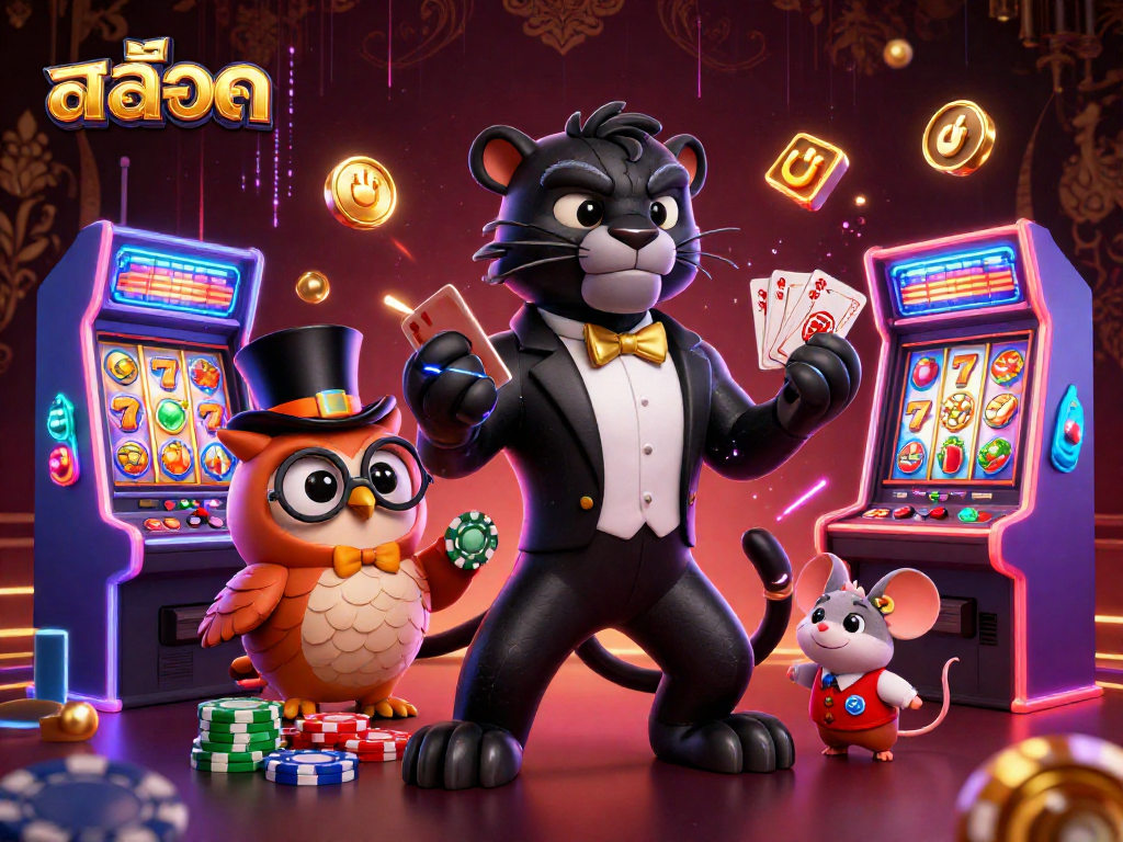 Play สล็อต with vibrant characters in a lively casino setting, capturing the excitement of jackpot spins.