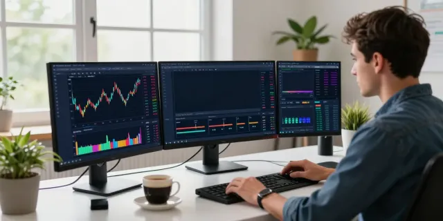 Trader analyzing market data on MetaTrader 5 platform in a modern office.