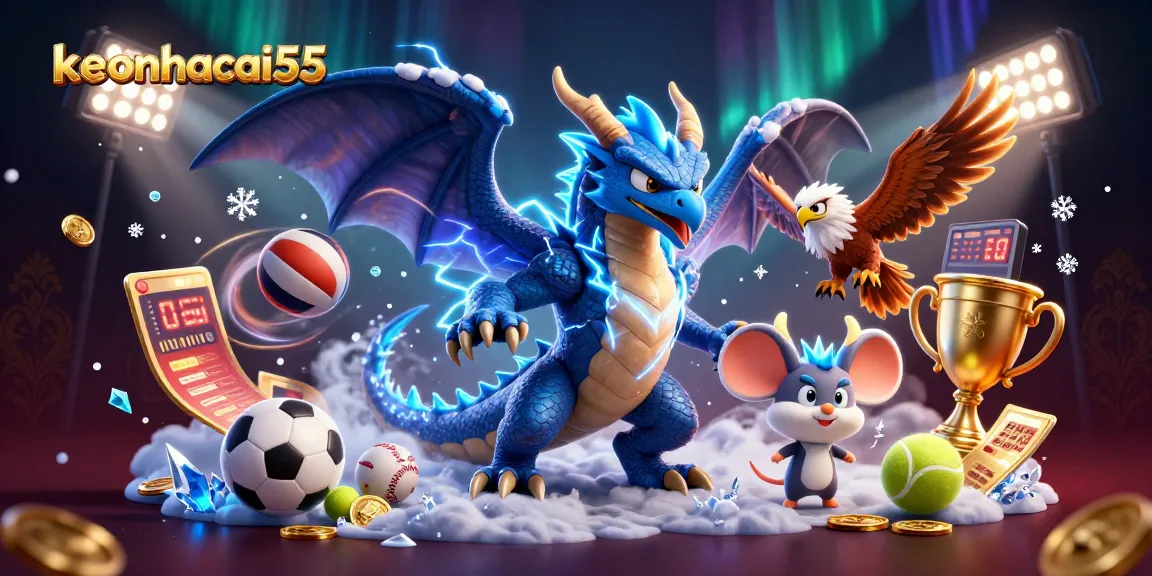 keonhacai55 showcases a thrilling sports betting scene with lightning characters and dynamic sports elements